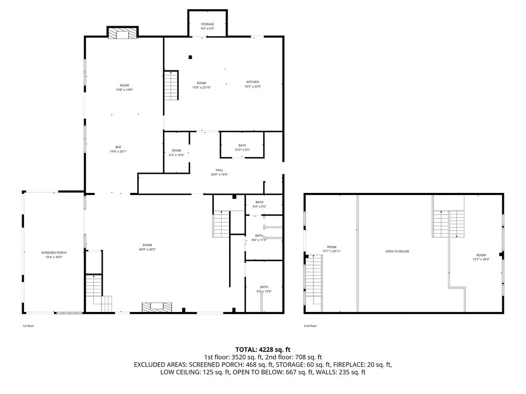 Dimensioned floor plan, both floors: 4,228 sq ft total