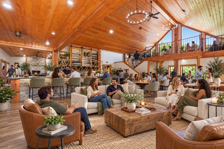 Conceptual rendering — digitally altered: retreats & hospitality concept for the great hall, created from the photograph “Great hall from the bar side; second fireplace visible in the adjoining room”