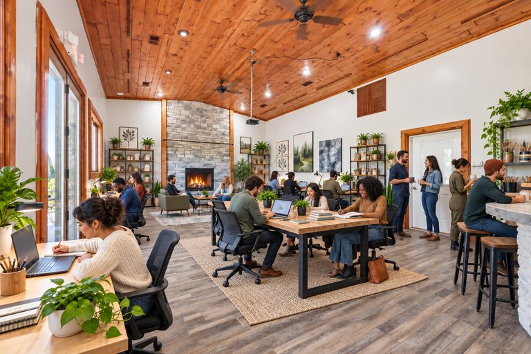 Conceptual rendering — digitally altered: Adaptive reuse, dining room, view 3 of 10, made from the photograph “Dining room with cathedral pine ceiling and stone fireplace”.