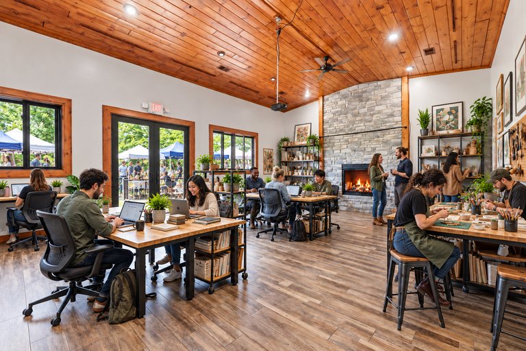 Conceptual rendering — digitally altered: Adaptive reuse, dining room, view 4 of 10, made from the photograph “Dining room toward the fireplace, windows to the north deck”.
