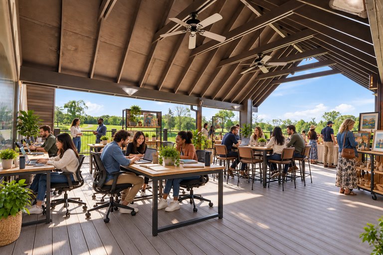 Conceptual rendering — digitally altered: Adaptive reuse, upper deck, view 7 of 10, made from the photograph “Covered upper deck under the timber gable”.