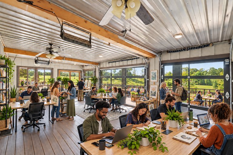 Conceptual rendering — digitally altered: Adaptive reuse, enclosed porch, view 8 of 10, made from the photograph “Enclosed porch with glass overhead doors, ceiling fans and radiant heaters”.