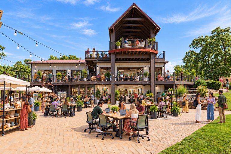 Conceptual rendering — digitally altered: Adaptive reuse, patio, view 9 of 10, made from the photograph “Lower patio under the string lights, covered upper deck above”.
