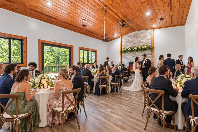 Conceptual rendering — digitally altered: Events & weddings, dining room, view 4 of 10, made from the photograph “Dining room toward the fireplace, windows to the north deck”.