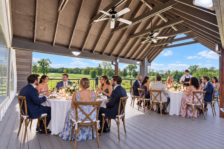 Conceptual rendering — digitally altered: Events & weddings, upper deck, view 7 of 10, made from the photograph “Covered upper deck under the timber gable”.