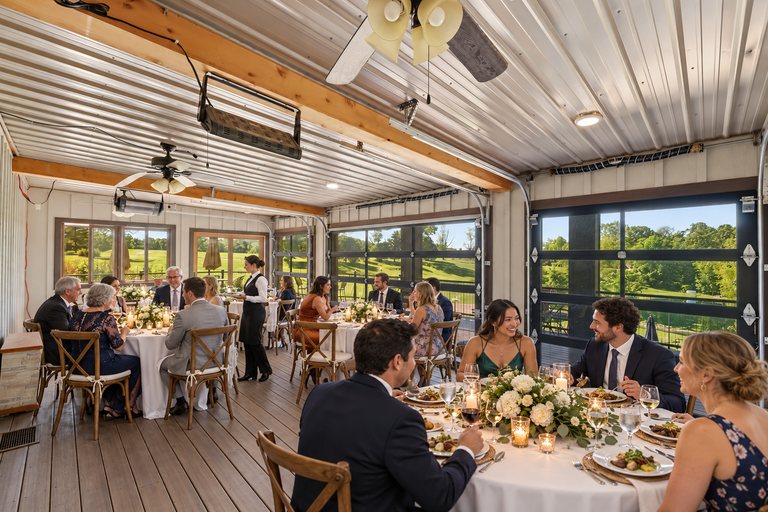 Conceptual rendering — digitally altered: Events & weddings, enclosed porch, view 8 of 10, made from the photograph “Enclosed porch with glass overhead doors, ceiling fans and radiant heaters”.