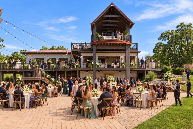 Conceptual rendering — digitally altered: Events & weddings, patio, view 9 of 10, made from the photograph “Lower patio under the string lights, covered upper deck above”.