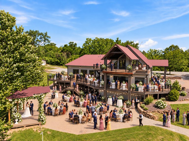 Conceptual rendering — digitally altered: Events & weddings, aerial, view 10 of 10, made from the photograph “Stacked decks, patio and pergola”.