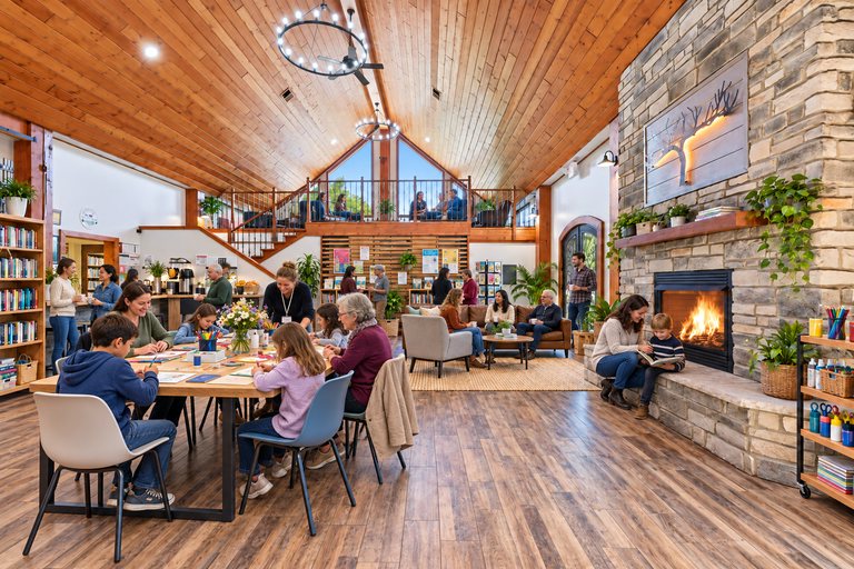 Conceptual rendering — digitally altered: Community & nonprofit, great hall, view 1 of 10, made from the photograph “Great hall with both fireplace and loft in view”.