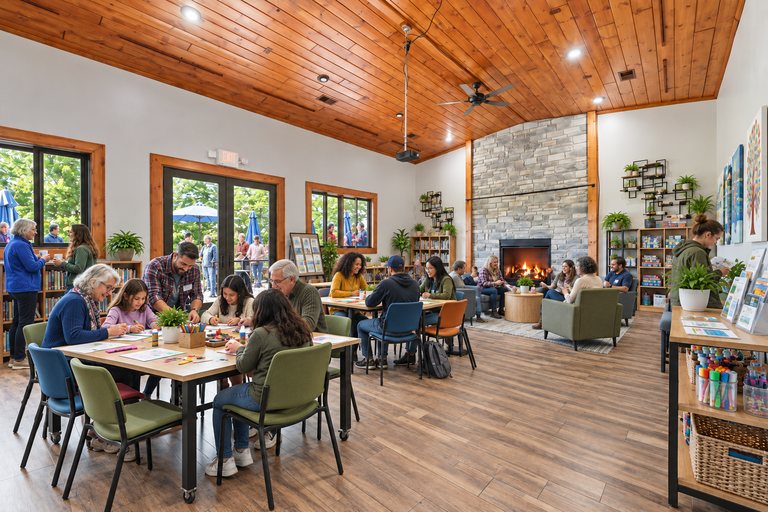 Conceptual rendering — digitally altered: Community & nonprofit, dining room, view 4 of 10, made from the photograph “Dining room toward the fireplace, windows to the north deck”.