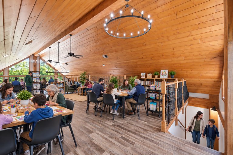 Conceptual rendering — digitally altered: Community & nonprofit, loft, view 6 of 10, made from the photograph “Loft gathering room overlooking the great hall”.