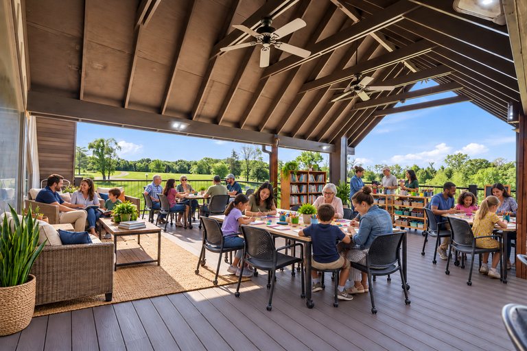 Conceptual rendering — digitally altered: Community & nonprofit, upper deck, view 7 of 10, made from the photograph “Covered upper deck under the timber gable”.