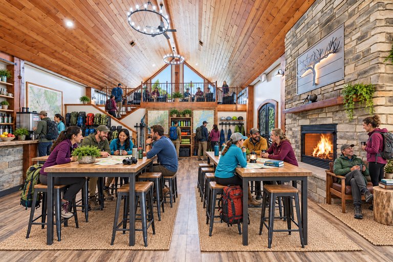 Conceptual rendering — digitally altered: Outdoor recreation, great hall, view 1 of 10, made from the photograph “Great hall with both fireplace and loft in view”.