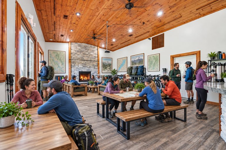 Conceptual rendering — digitally altered: Outdoor recreation, dining room, view 3 of 10, made from the photograph “Dining room with cathedral pine ceiling and stone fireplace”.