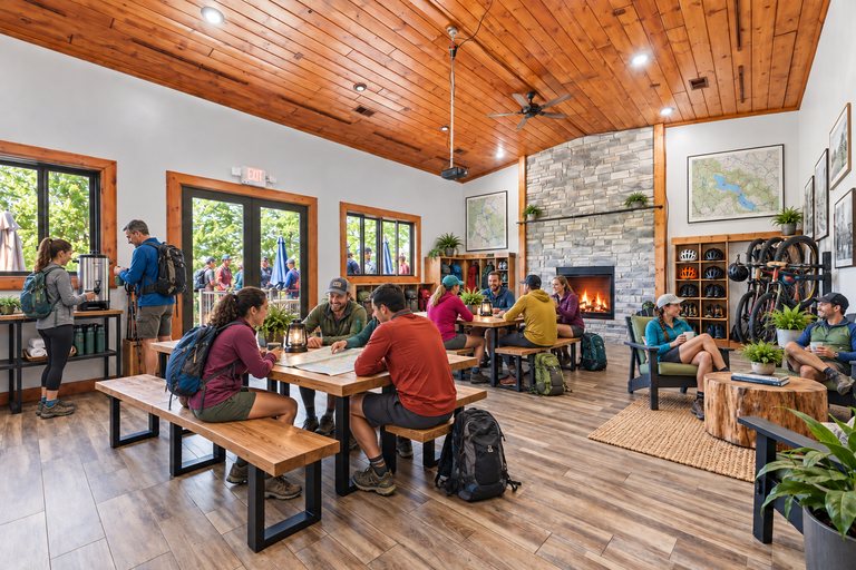 Conceptual rendering — digitally altered: Outdoor recreation, dining room, view 4 of 10, made from the photograph “Dining room toward the fireplace, windows to the north deck”.