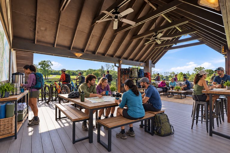 Conceptual rendering — digitally altered: Outdoor recreation, upper deck, view 7 of 10, made from the photograph “Covered upper deck under the timber gable”.