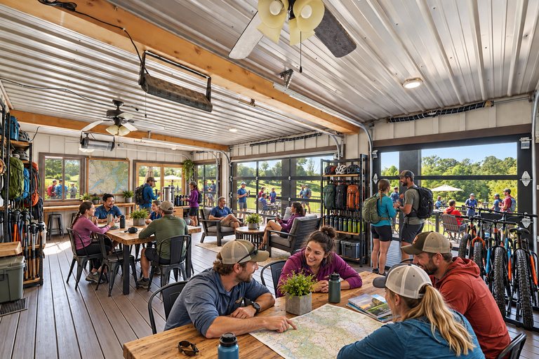 Conceptual rendering — digitally altered: Outdoor recreation, enclosed porch, view 8 of 10, made from the photograph “Enclosed porch with glass overhead doors, ceiling fans and radiant heaters”.