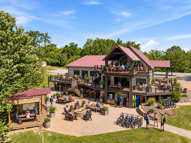 Conceptual rendering — digitally altered: Outdoor recreation, aerial, view 10 of 10, made from the photograph “Stacked decks, patio and pergola”.