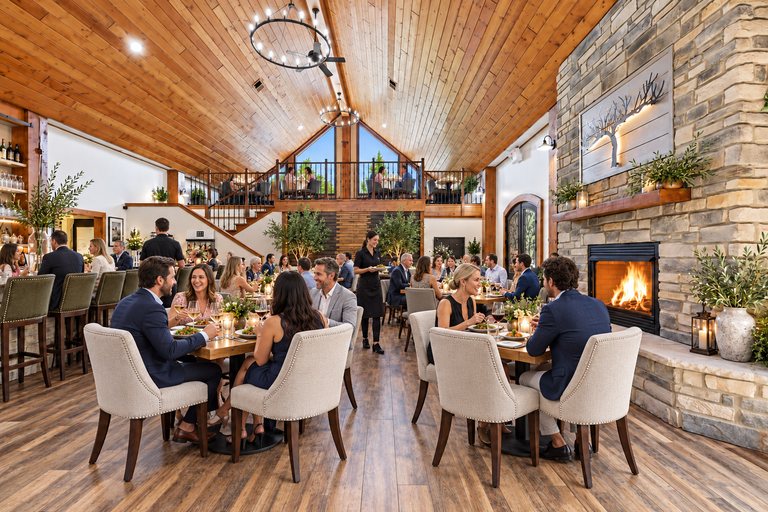 Conceptual rendering — digitally altered: Restaurant & catering, great hall, view 1 of 10, made from the photograph “Great hall with both fireplace and loft in view”.