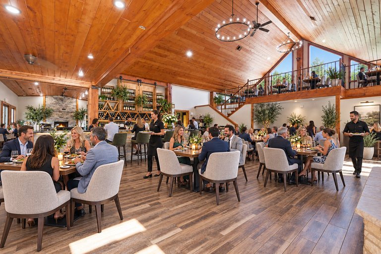 Conceptual rendering — digitally altered: Restaurant & catering, great hall, view 2 of 10, made from the photograph “Great hall from the bar side; second fireplace visible in the adjoining room”.
