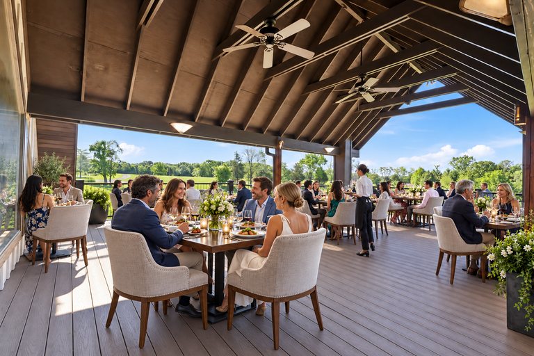 Conceptual rendering — digitally altered: Restaurant & catering, upper deck, view 7 of 10, made from the photograph “Covered upper deck under the timber gable”.