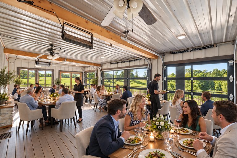 Conceptual rendering — digitally altered: Restaurant & catering, enclosed porch, view 8 of 10, made from the photograph “Enclosed porch with glass overhead doors, ceiling fans and radiant heaters”.