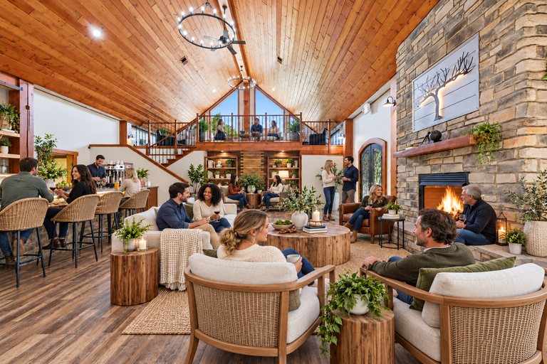 Conceptual rendering — digitally altered: Retreats & hospitality, great hall, view 1 of 10, made from the photograph “Great hall with both fireplace and loft in view”.