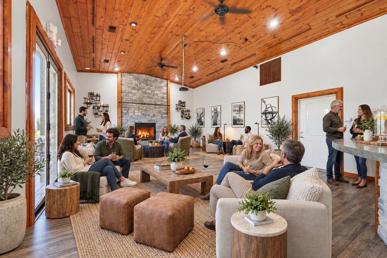 Conceptual rendering — digitally altered: Retreats & hospitality, dining room, view 3 of 10, made from the photograph “Dining room with cathedral pine ceiling and stone fireplace”.