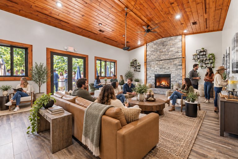 Conceptual rendering — digitally altered: Retreats & hospitality, dining room, view 4 of 10, made from the photograph “Dining room toward the fireplace, windows to the north deck”.