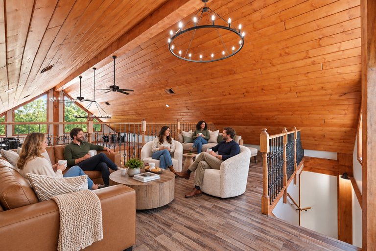 Conceptual rendering — digitally altered: Retreats & hospitality, loft, view 6 of 10, made from the photograph “Loft gathering room overlooking the great hall”.