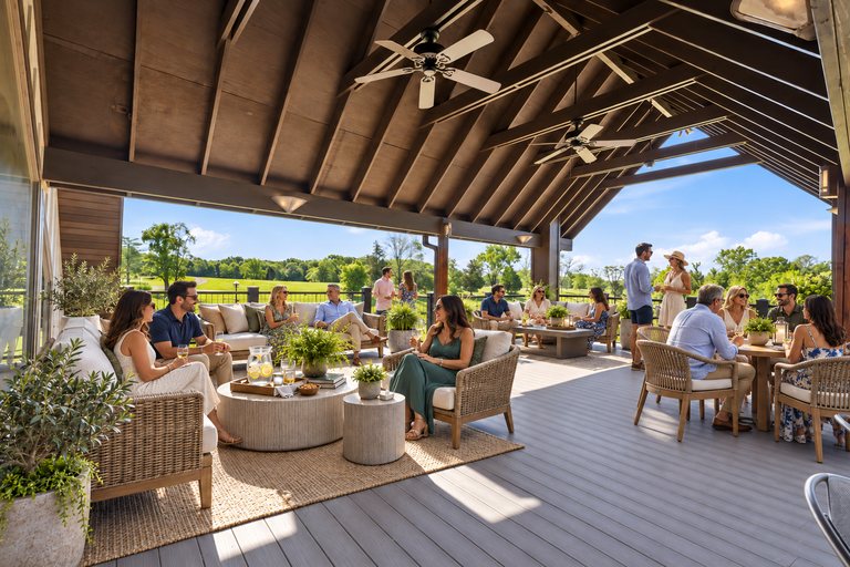 Conceptual rendering — digitally altered: Retreats & hospitality, upper deck, view 7 of 10, made from the photograph “Covered upper deck under the timber gable”.