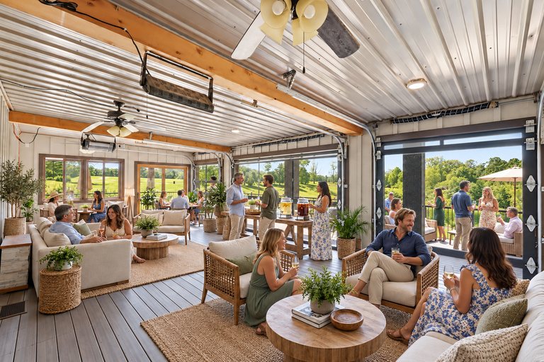 Conceptual rendering — digitally altered: Retreats & hospitality, enclosed porch, view 8 of 10, made from the photograph “Enclosed porch with glass overhead doors, ceiling fans and radiant heaters”.