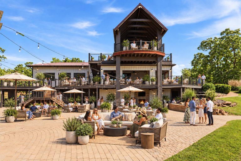Conceptual rendering — digitally altered: Retreats & hospitality, patio, view 9 of 10, made from the photograph “Lower patio under the string lights, covered upper deck above”.