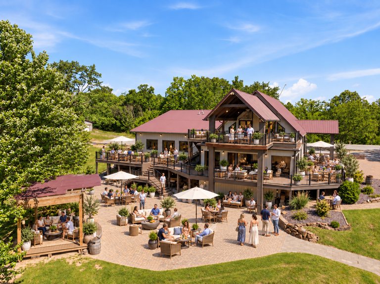 Conceptual rendering — digitally altered: Retreats & hospitality, aerial, view 10 of 10, made from the photograph “Stacked decks, patio and pergola”.