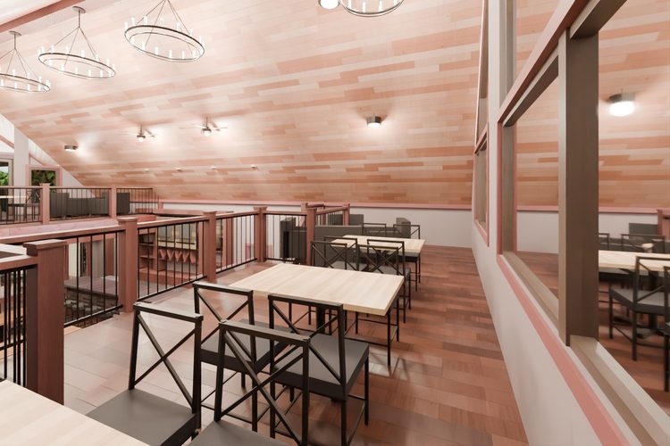 3D model render, not a photograph: east loft, from the north-east corner looking west