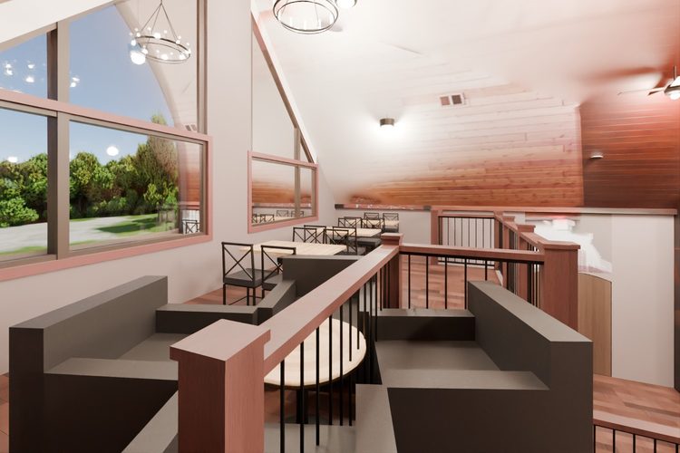 3D model render, not a photograph: east loft, from the west corner looking east