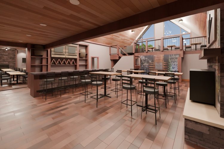 3D model render, not a photograph: great hall, from the south-east corner looking north-west