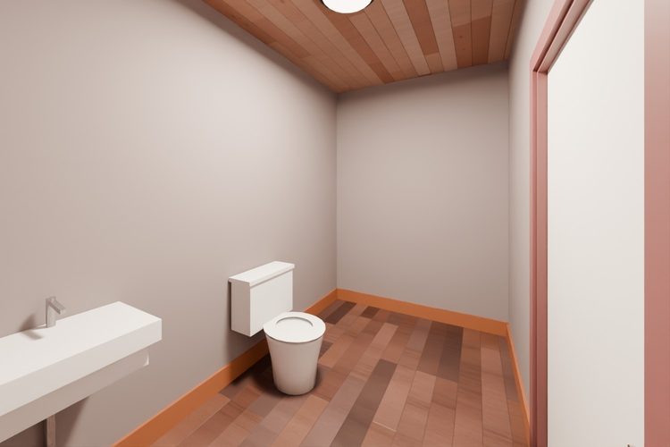 3D model render, not a photograph: hall bathroom, from the south-east corner looking north-west