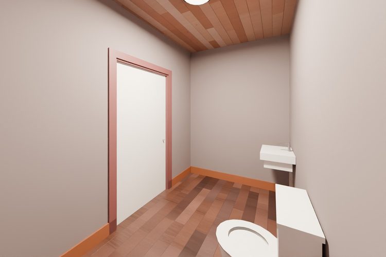 3D model render, not a photograph: hall bathroom, from the north-west corner looking south-east