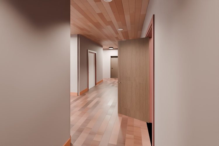 3D model render, not a photograph: back hall, from the south-east corner looking north