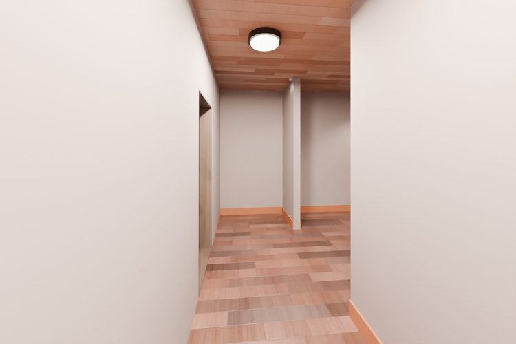 3D model render, not a photograph: back hall, from the north-west corner looking east