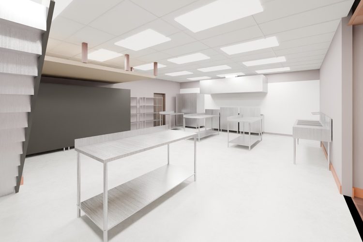 3D model render, not a photograph: kitchen, from the south-east corner looking north-west