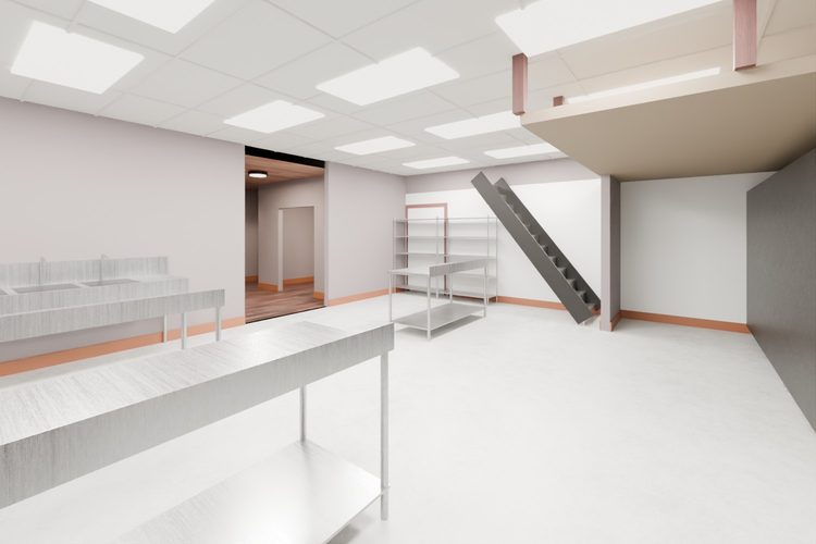 3D model render, not a photograph: kitchen, from the north-west corner looking south-east