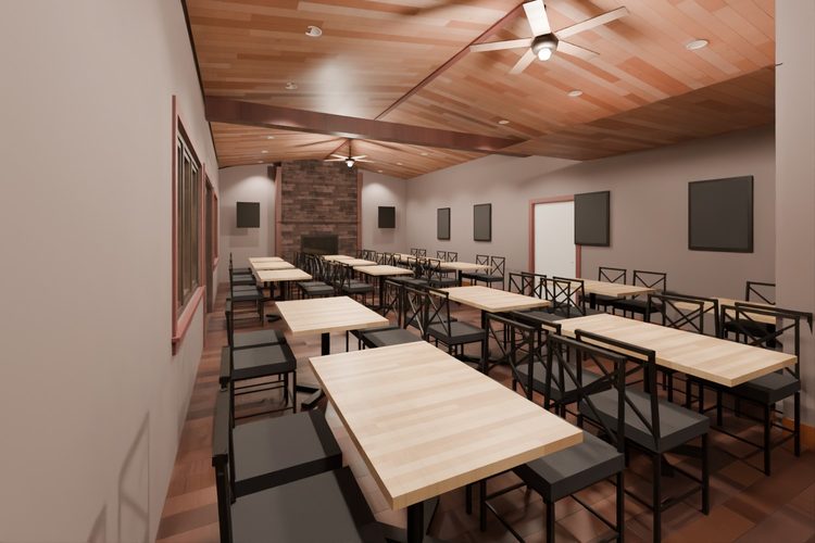 3D model render, not a photograph: north dining room, from the south-east corner looking north-west