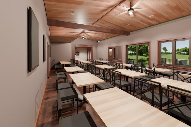 3D model render, not a photograph: north dining room, from the north-west corner looking south-east