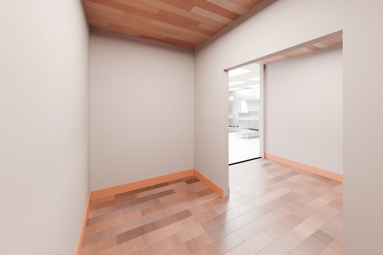 3D model render, not a photograph: small room off the hall, from the south-east corner looking north-west