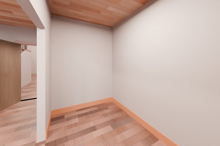 3D model render, not a photograph: small room off the hall, from the north-west corner looking south-east