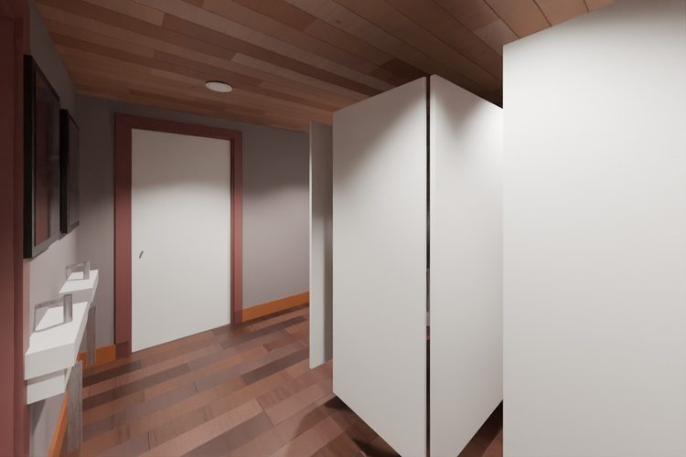 3D model render, not a photograph: restroom, two stalls, from the south-east corner looking north-west