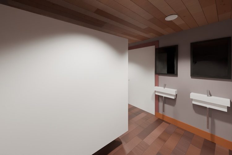 3D model render, not a photograph: restroom, two stalls, from the north-west corner looking south-east