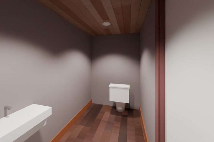 3D model render, not a photograph: restroom, single, from the south corner looking north